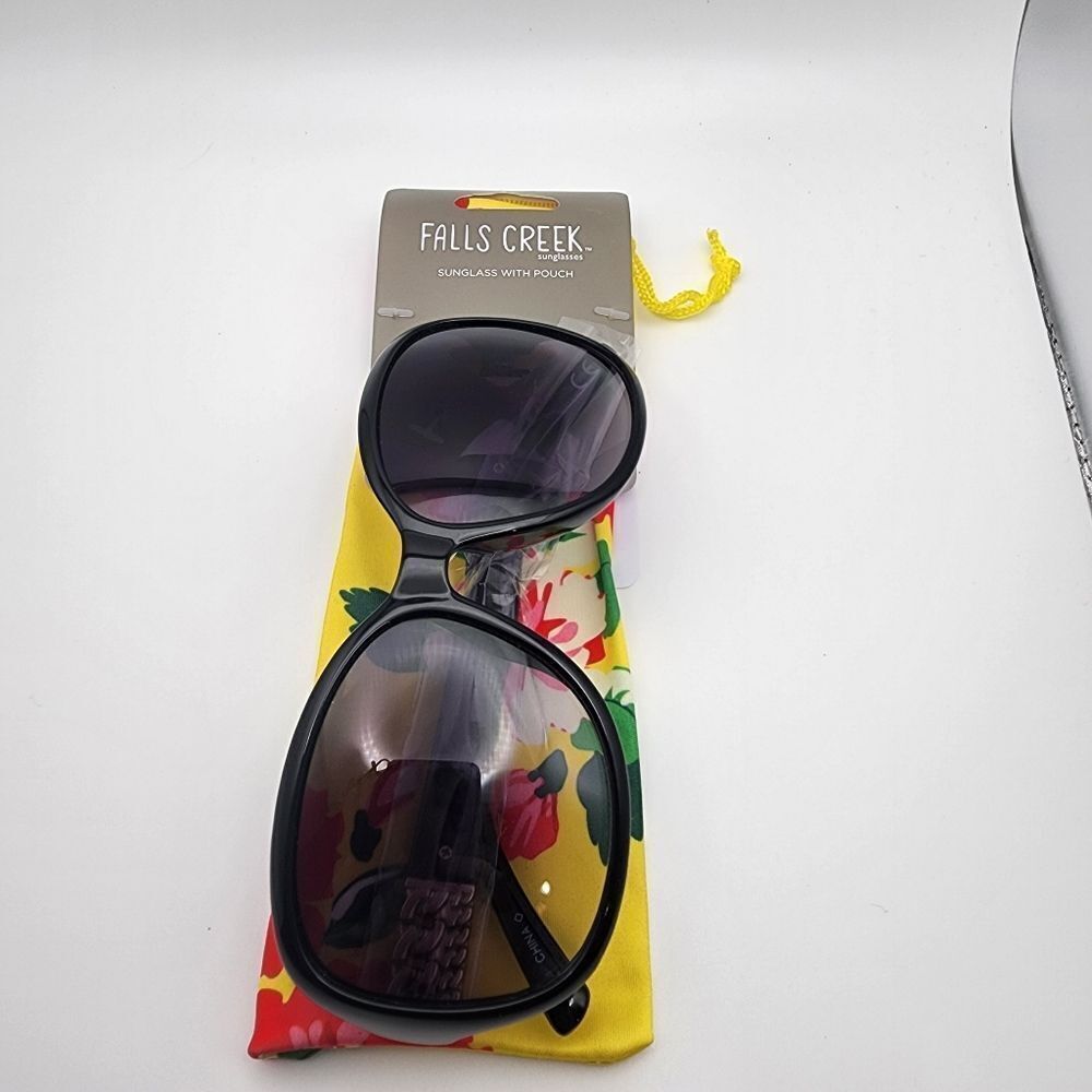 NWT Falls Creek Black & Gold Sunglasses & Yellow Floral Pouch